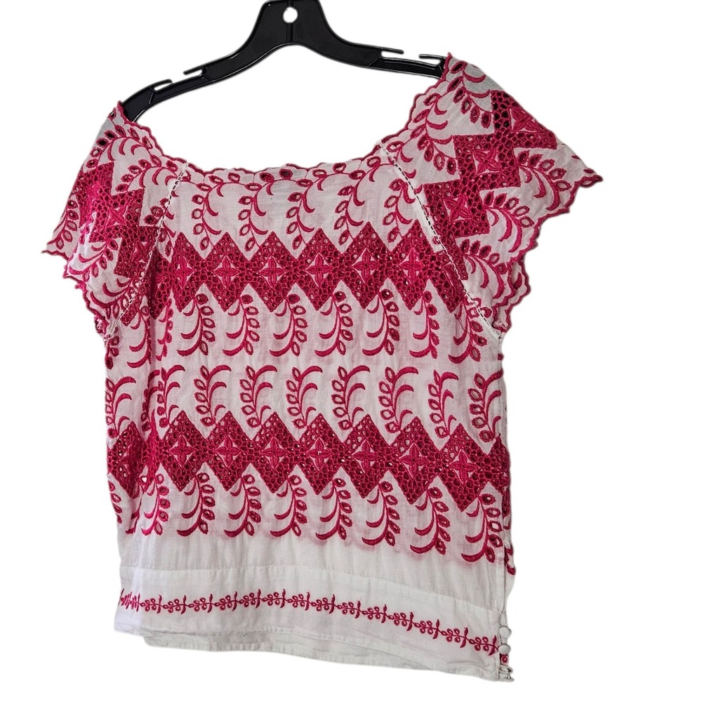 Vanessa Virginia Embroidered Blouse Eyelet Peasant Top Bohemian‎ Pink 4 Cottage